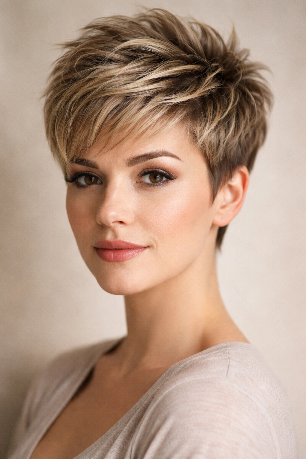 Close-up of a short textured pixie with high crown height
