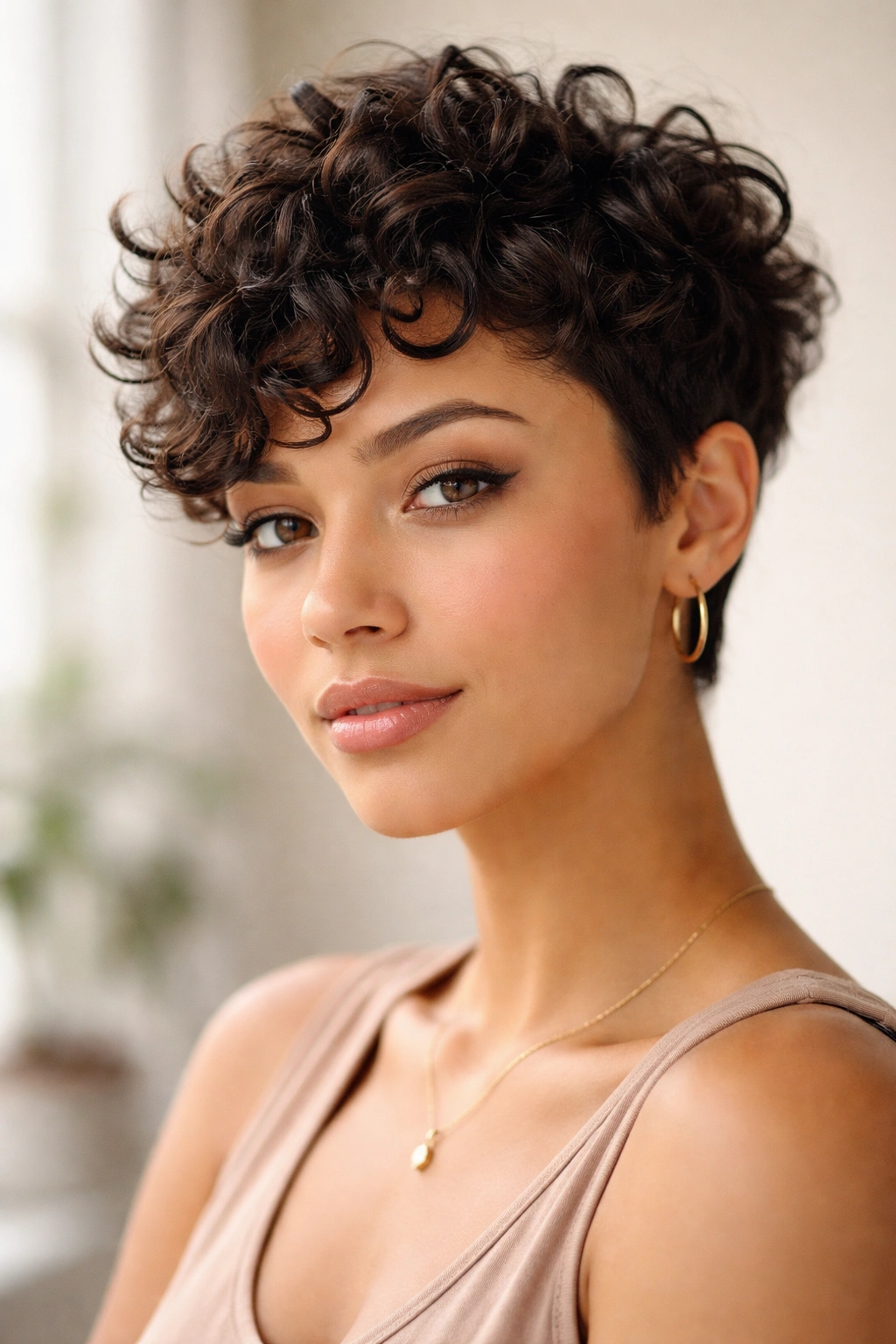 Portrait of a person with a short textured pixie curl and layered definition