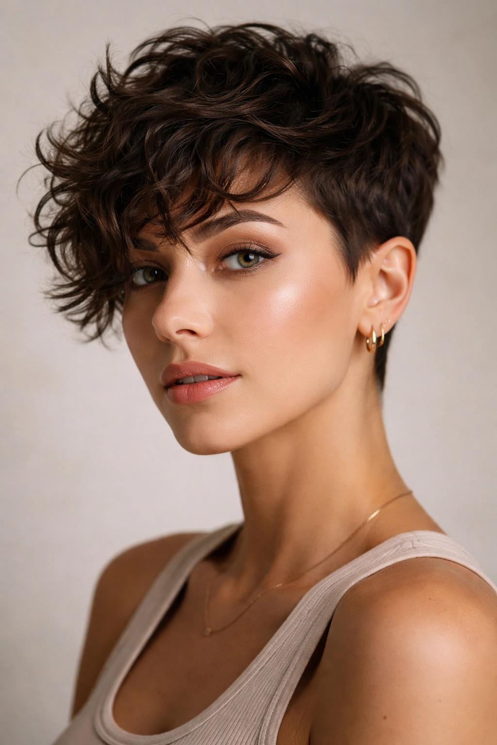 Close-up of a pixie cut with swept curly bangs, cropped sides, textured top
