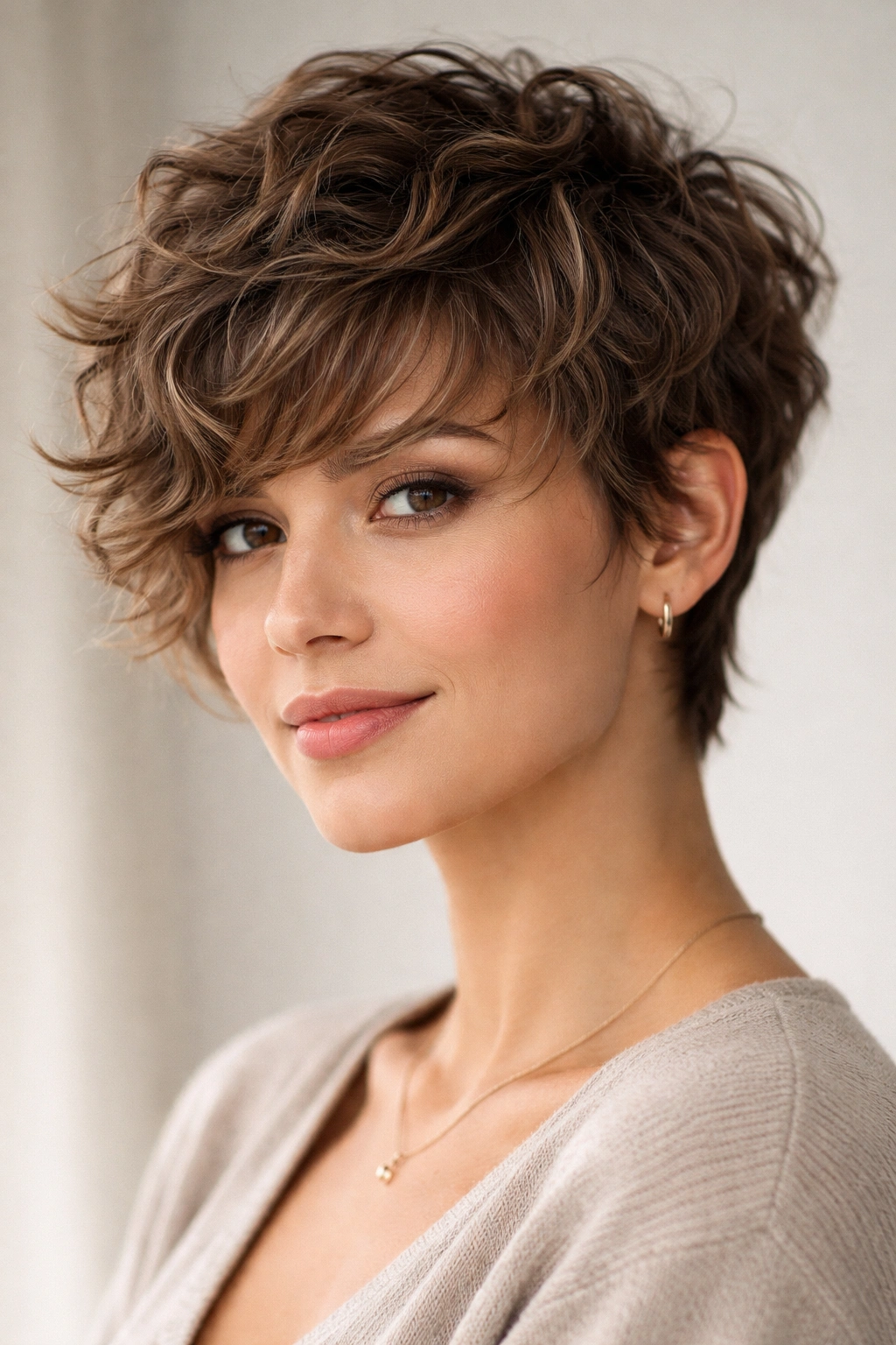 Close-up of a curly pixie with textured layers framing the face