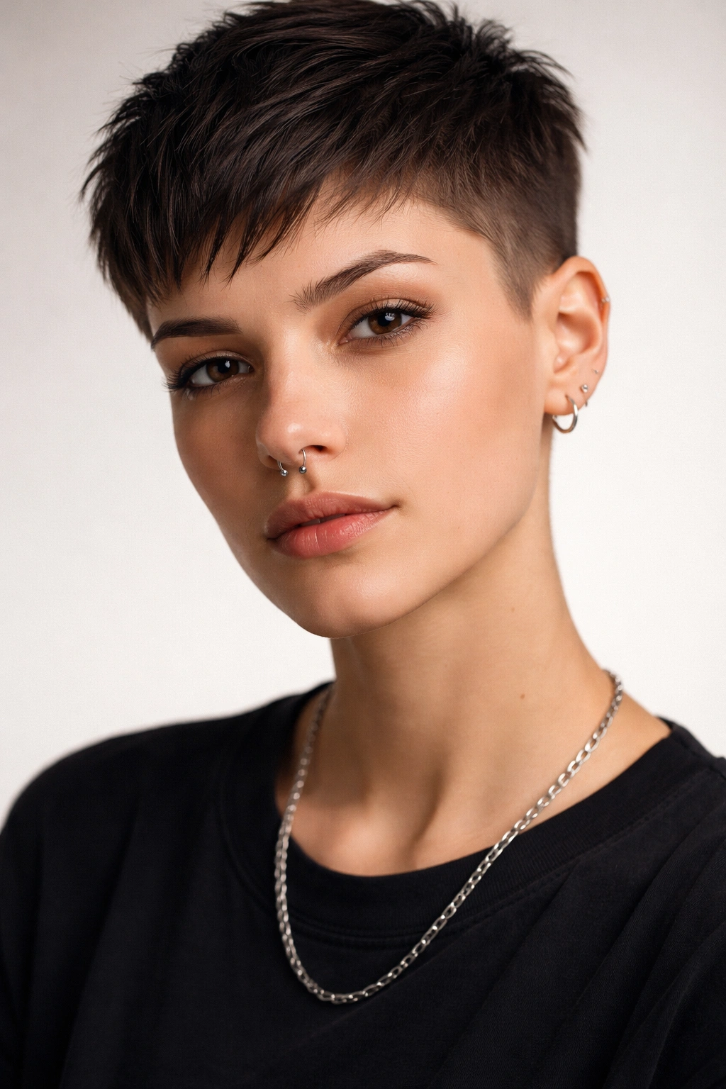 Close-up portrait of a person with a short all-over pixie cut.