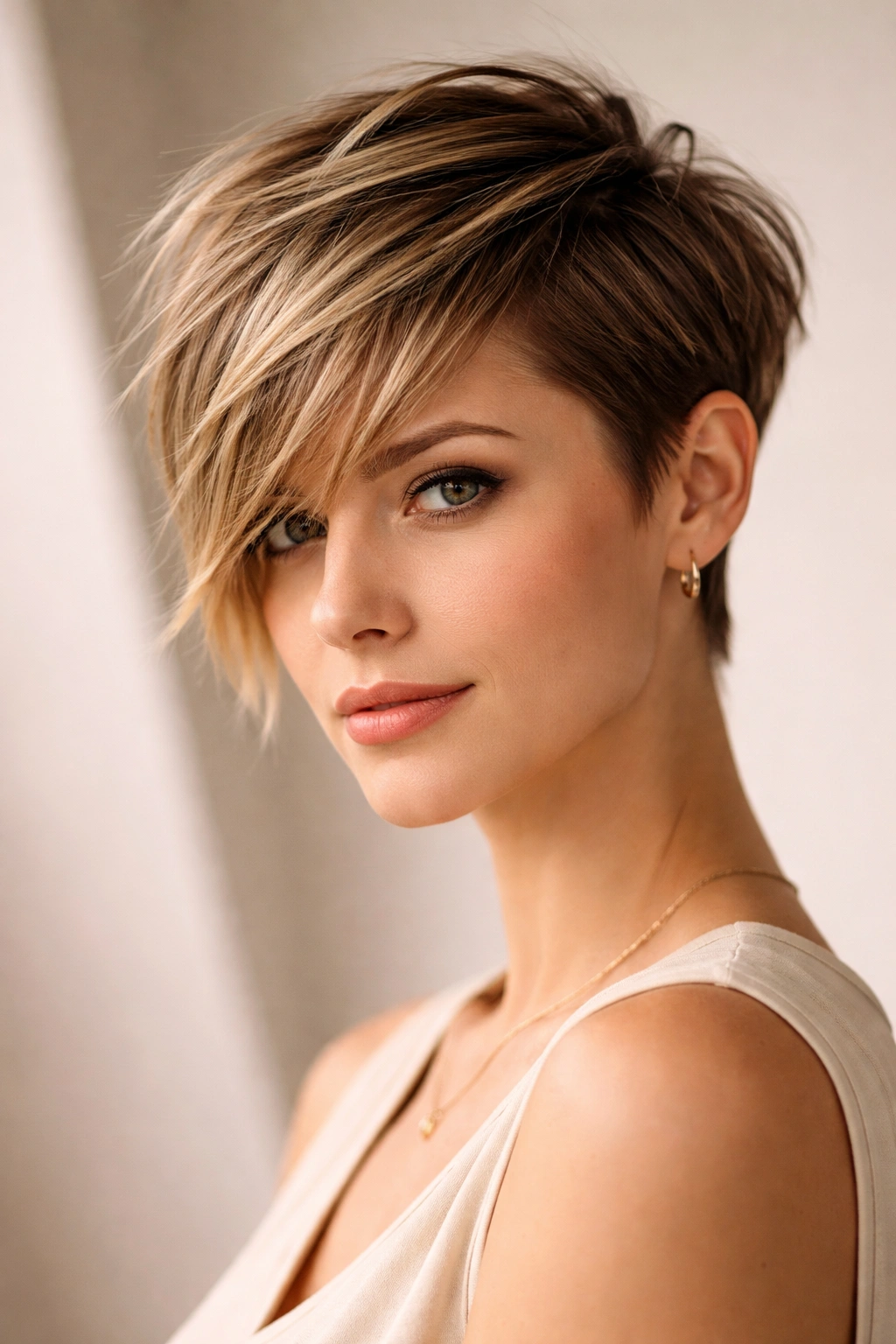 Portrait of asymmetrical pixie with side bangs and diagonal forehead line