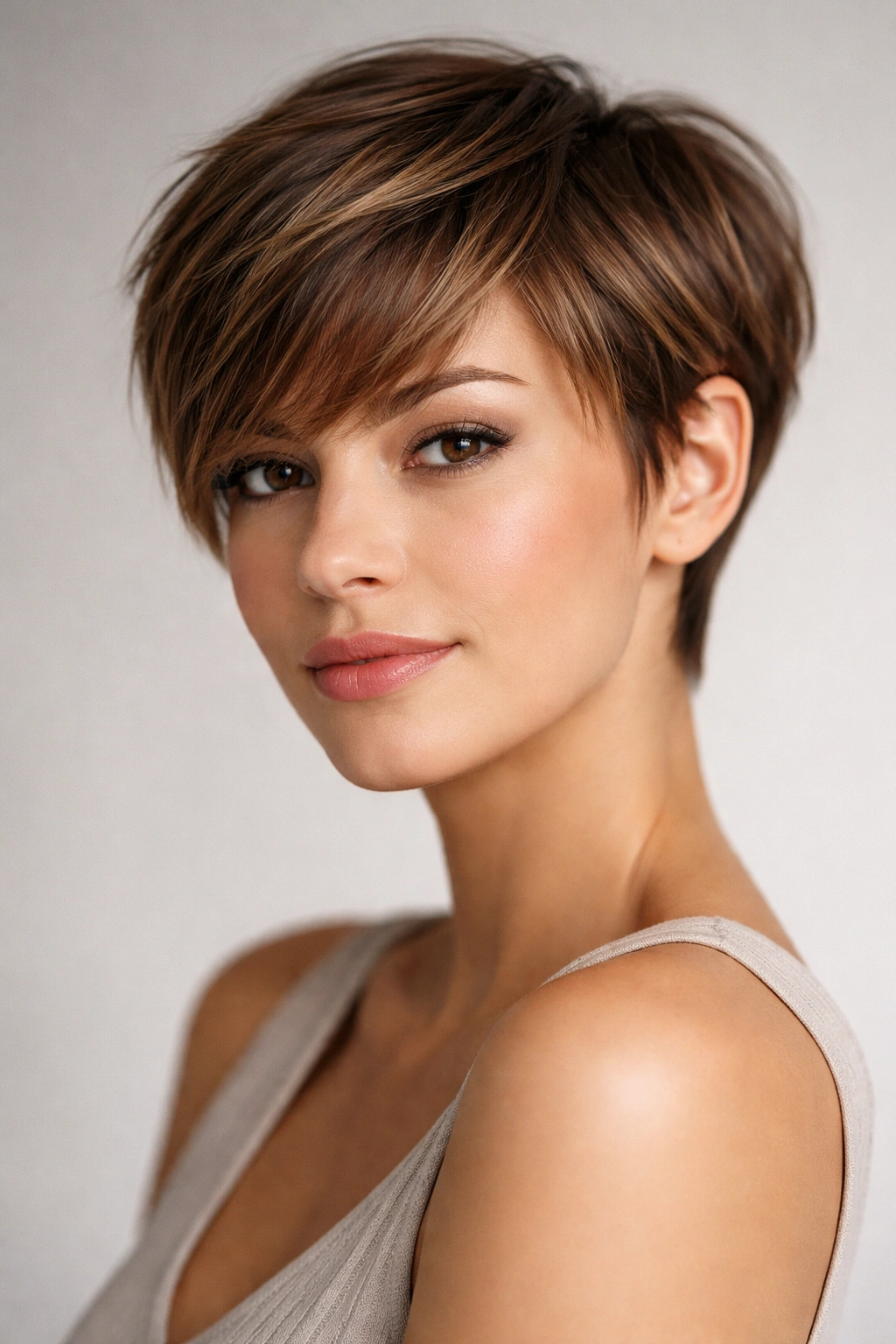 Photorealistic portrait of a person with a pixie cut and bangs, highlighting facial balance and hair texture