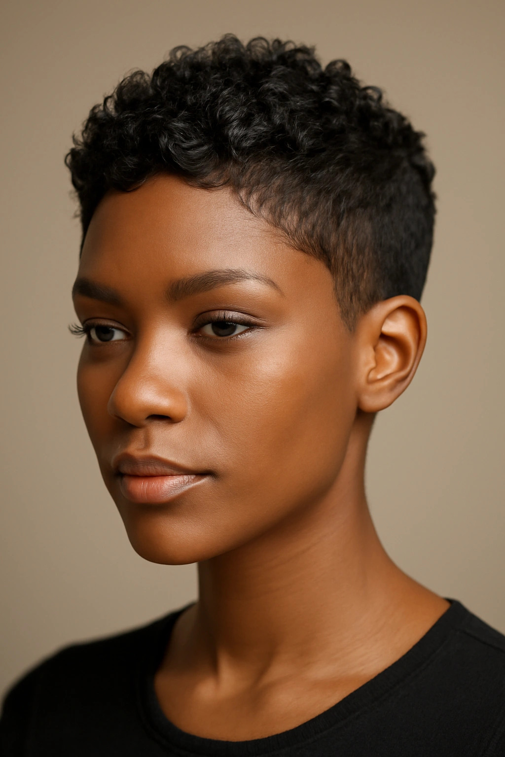 Close-up of textured pixie cut on a Black woman