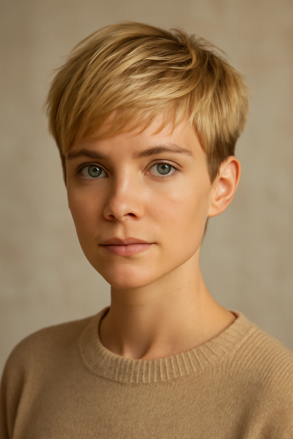 Profile of a blonde pixie cut with tapered sides and tousled top