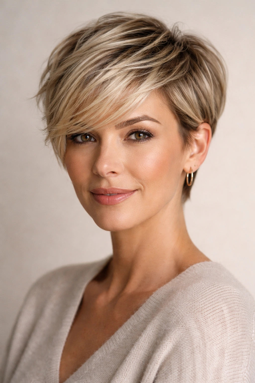 Close-up of a blonde pixie with dimensional color and highlights