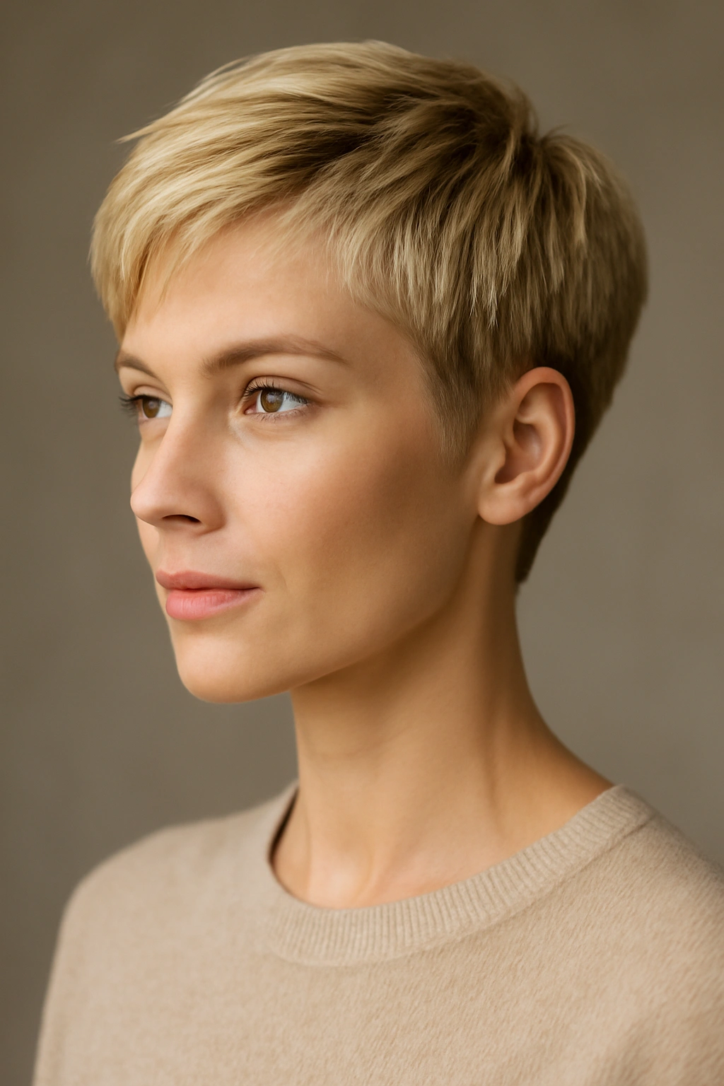 Close-up of a blonde model with a classic pixie cut showing short sides and textured top