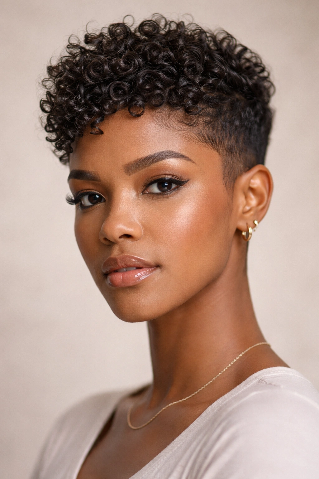 Close-up of a textured pixie cut with short sides and longer crown, showcasing curl texture