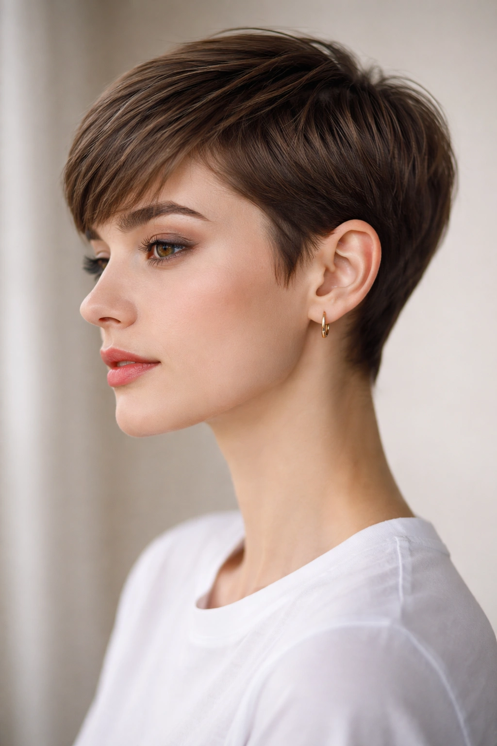 Three-quarter profile of a classic pixie cut with ears tucked behind, soft studio lighting