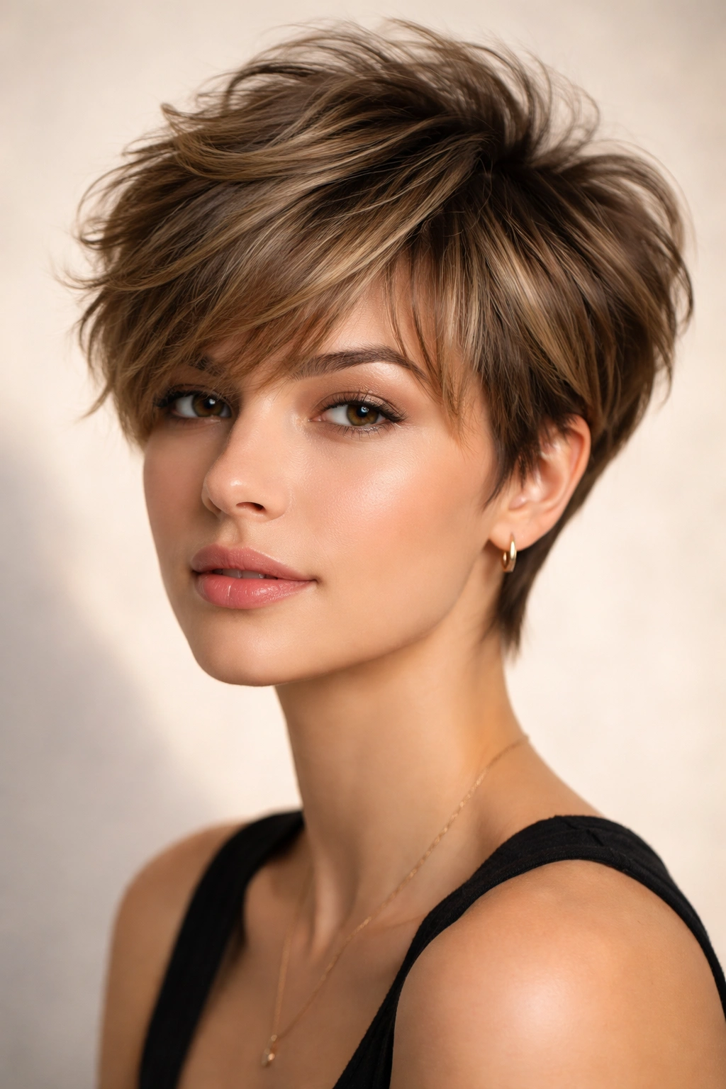 Portrait of voluminous pixie with feathered bangs framing the face