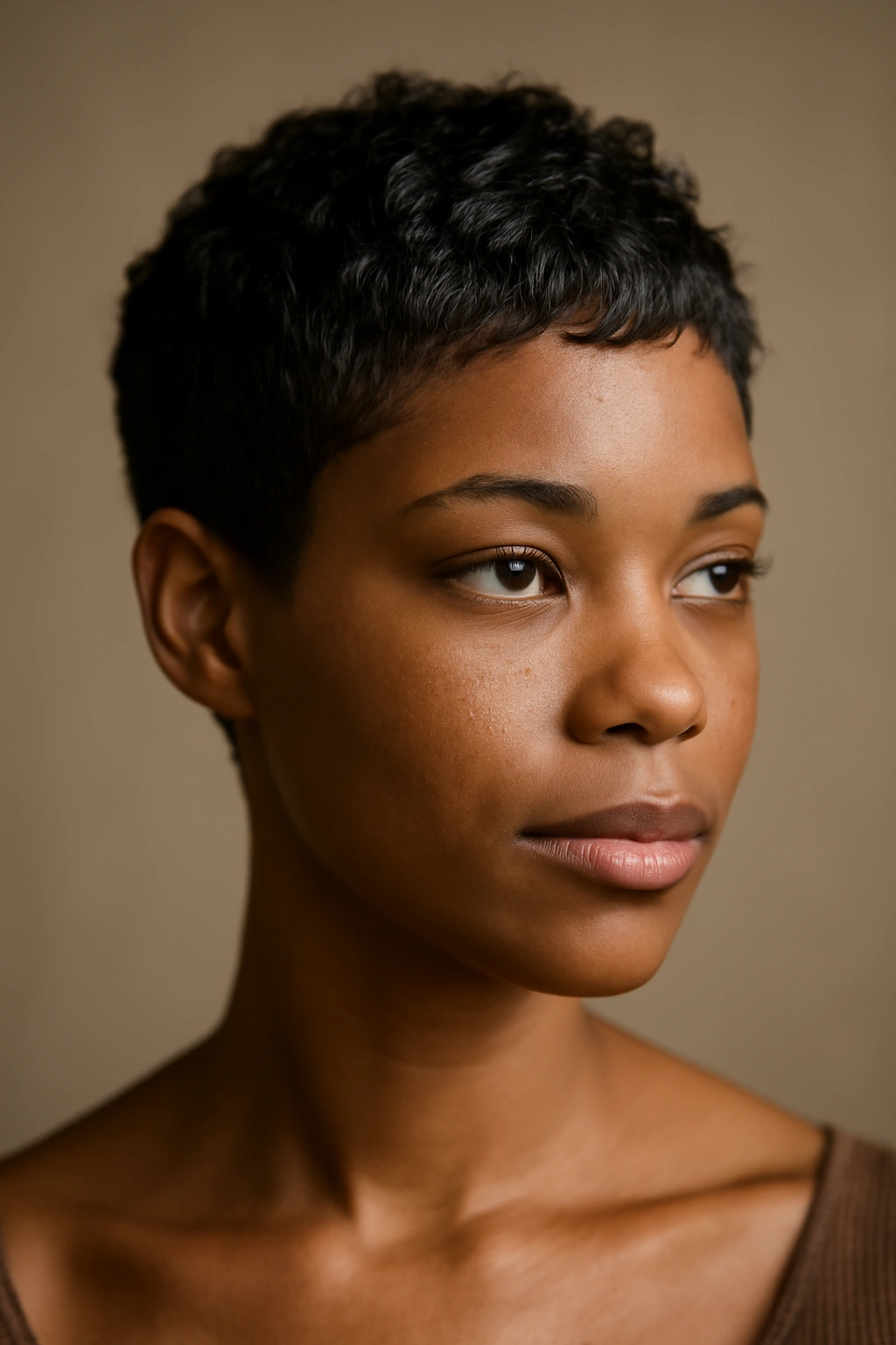 Close-up portrait of a Black woman with a textured pixie cut showing defined curls at the roots
