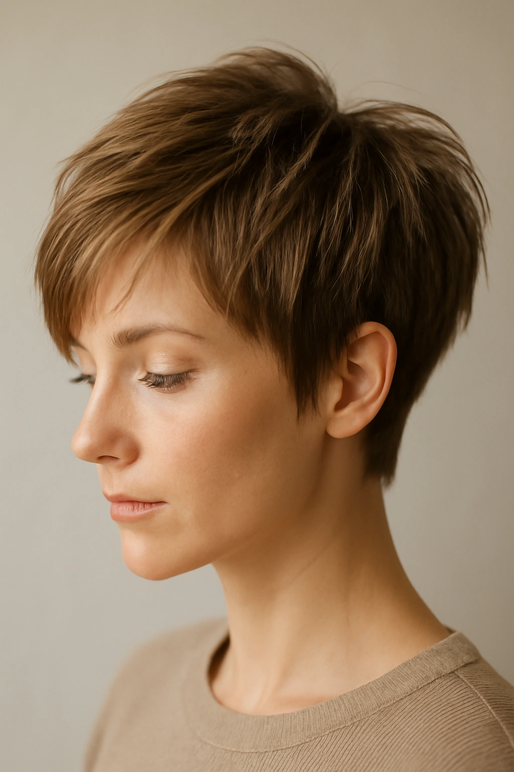 Close-up of a textured pixie cut showing crown layering for fine straight hair