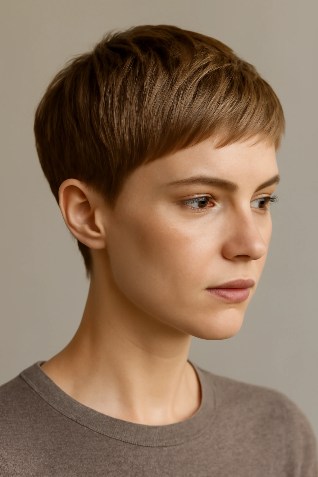 Pixie cut on fine straight hair showing clean lines and fullness