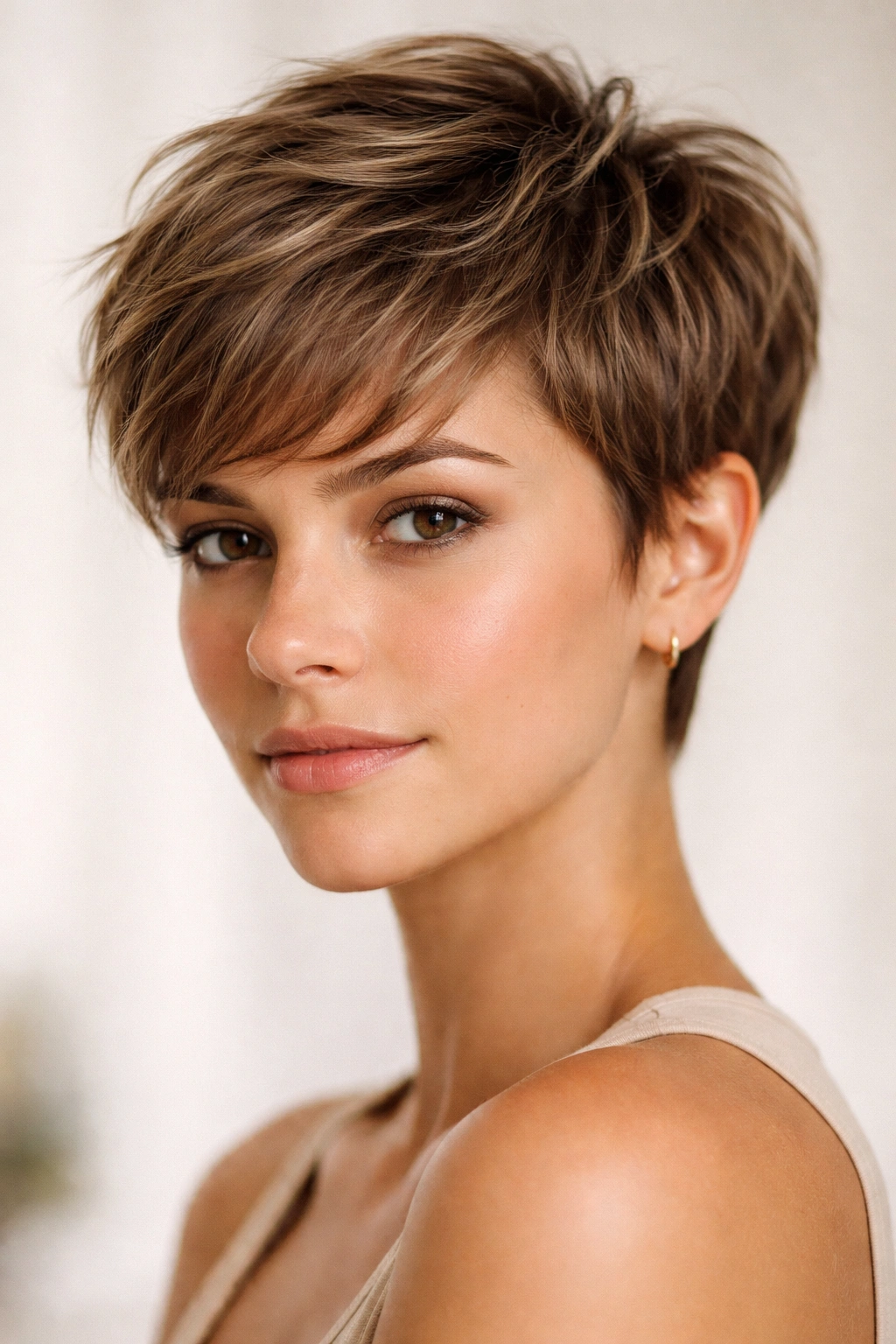 Close-up of a pixie cut with short textured top and tapered sides