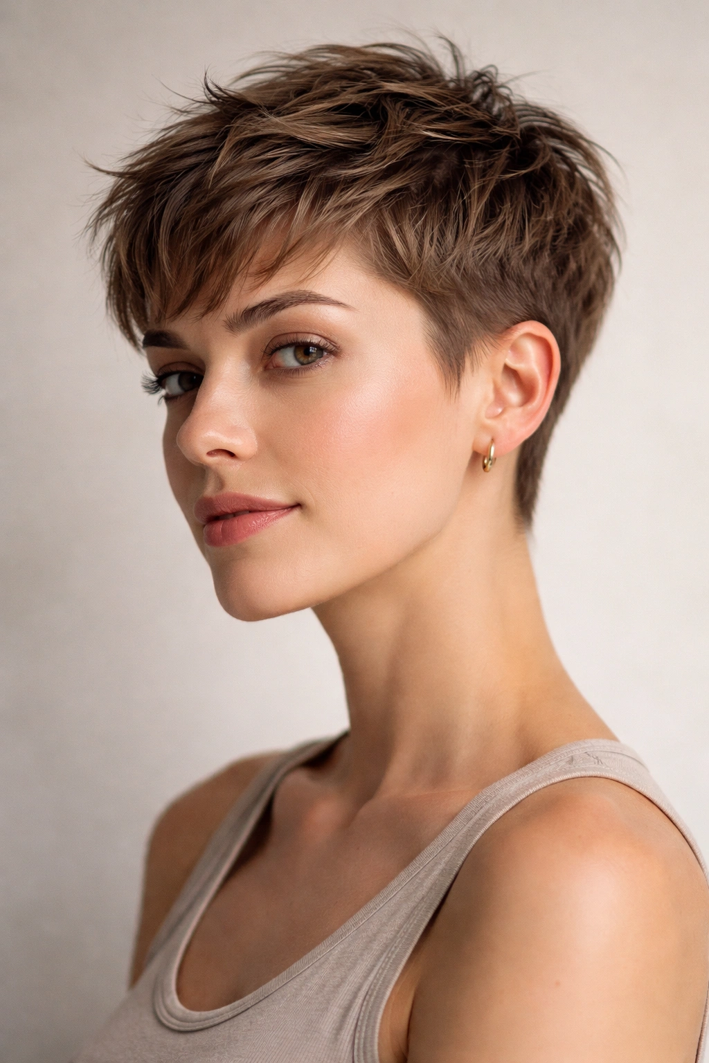Close-up of a person with a textured pixie cut, showing short sides and a longer top in a neutral studio setting