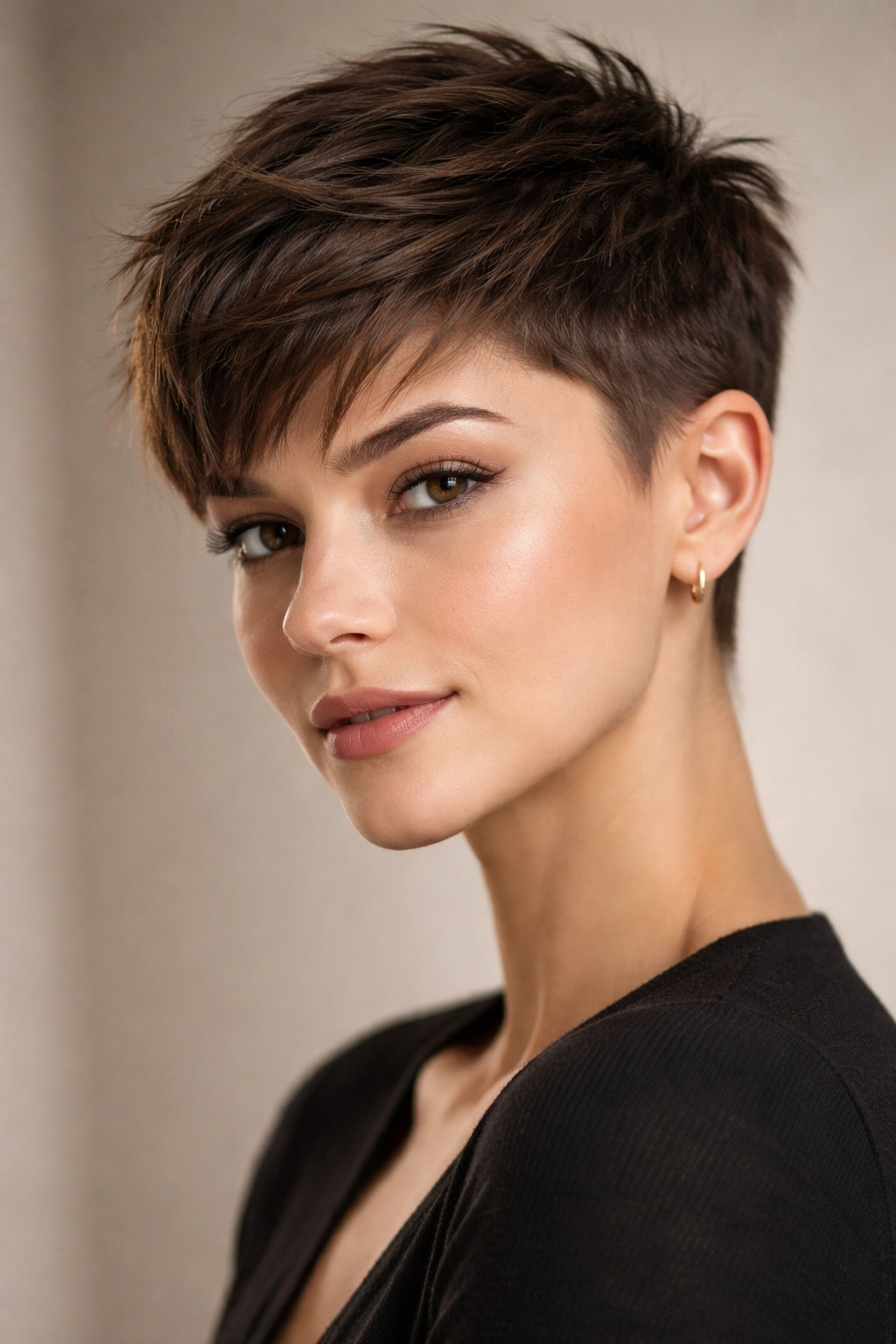 Close-up of a person with a pixie cut featuring short sides and a textured top in studio lighting