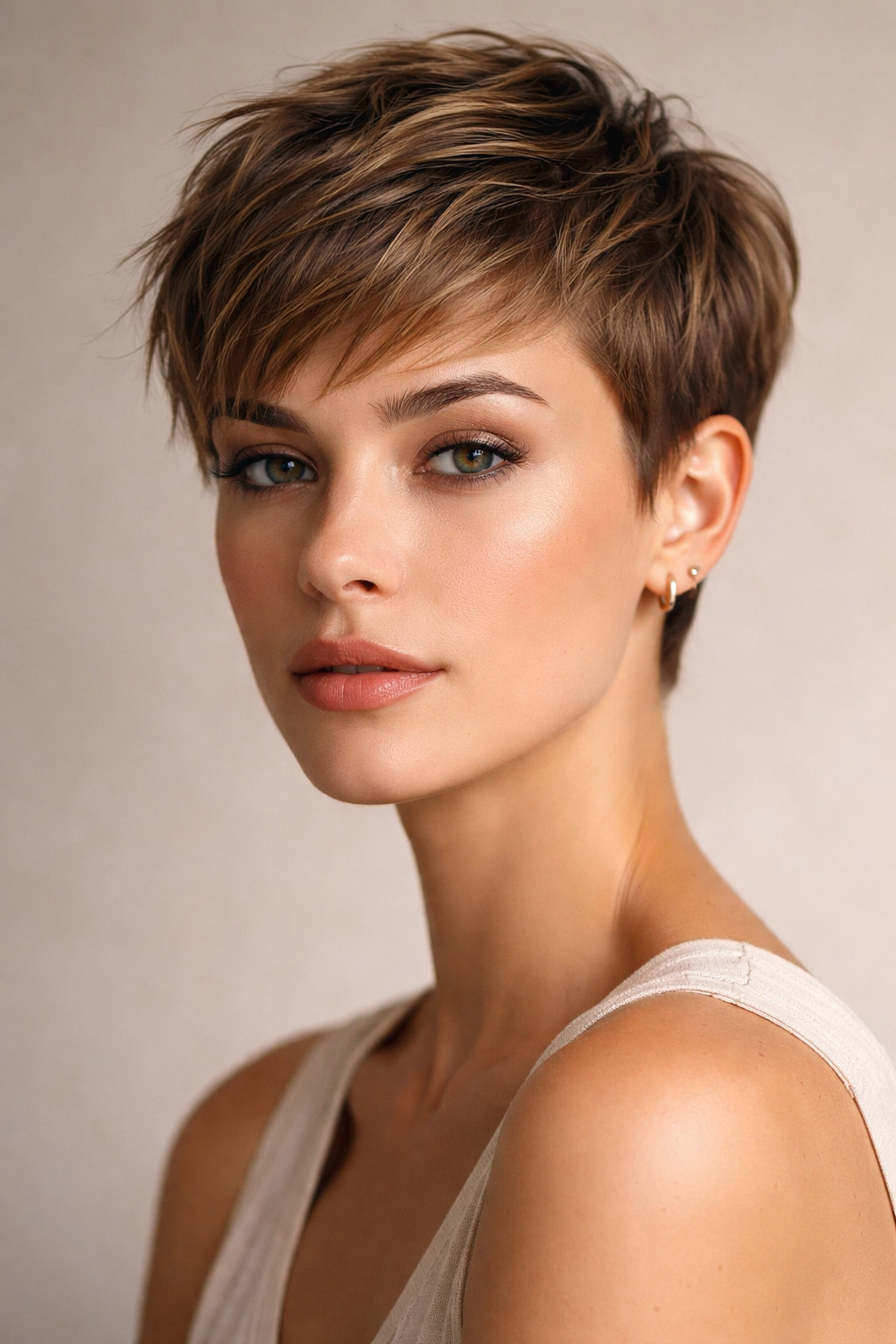 Close-up portrait of The Pixie Cut with cropped sides and longer top framing the face.