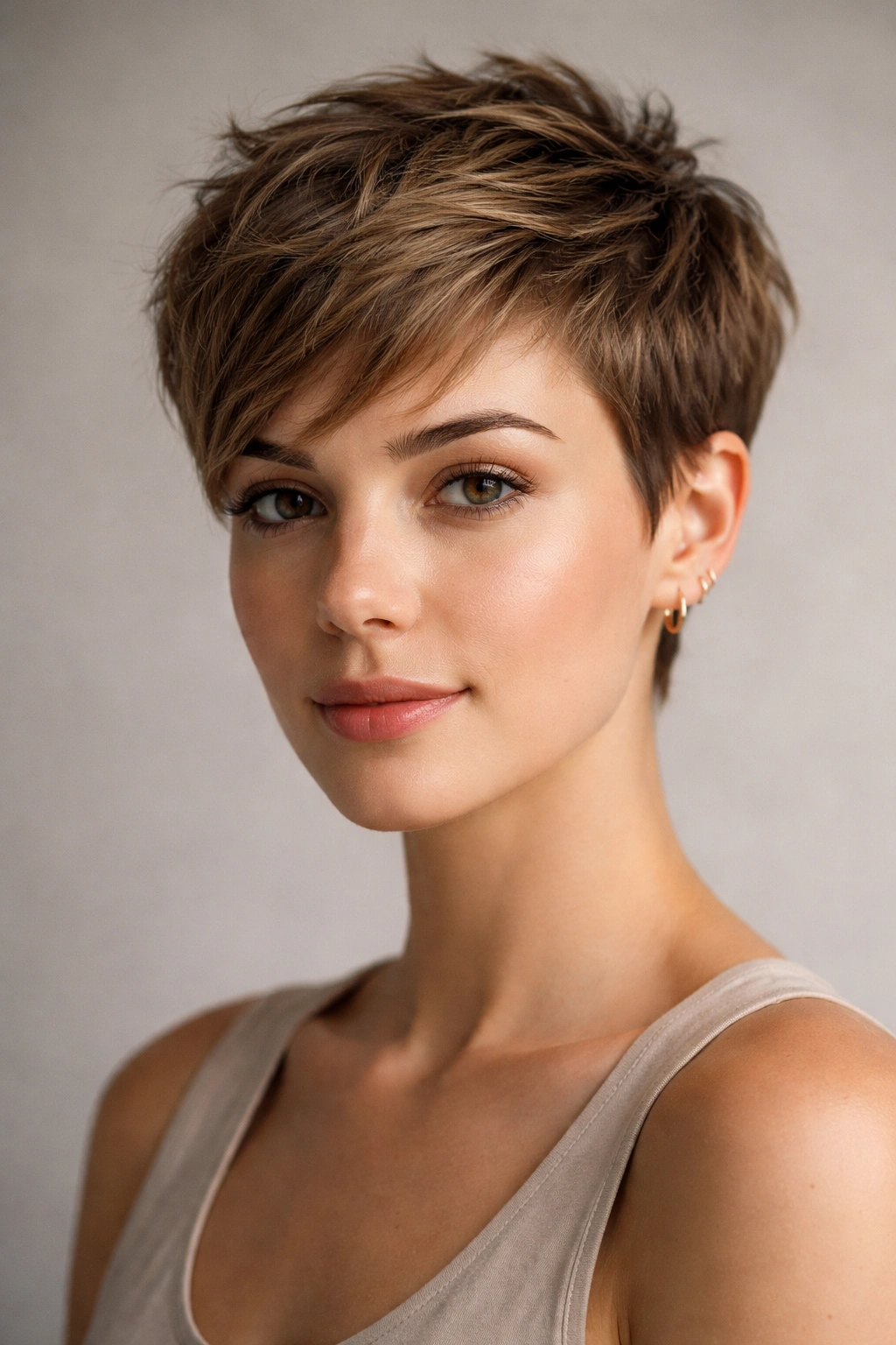 Close-up of a person with a textured pixie cut, short sides and longer top