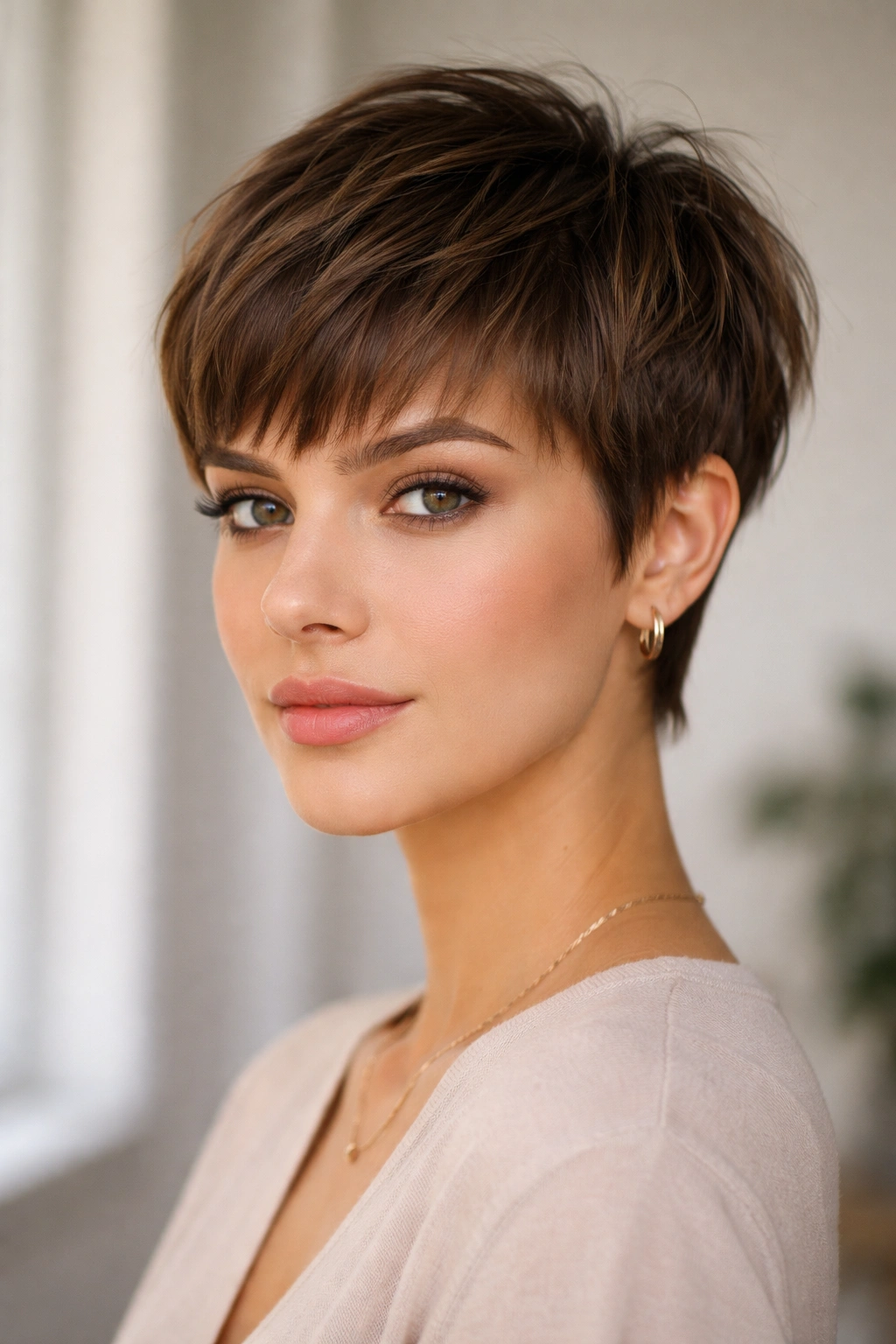 Close-up of blunt pixie with grown-out textured layers.