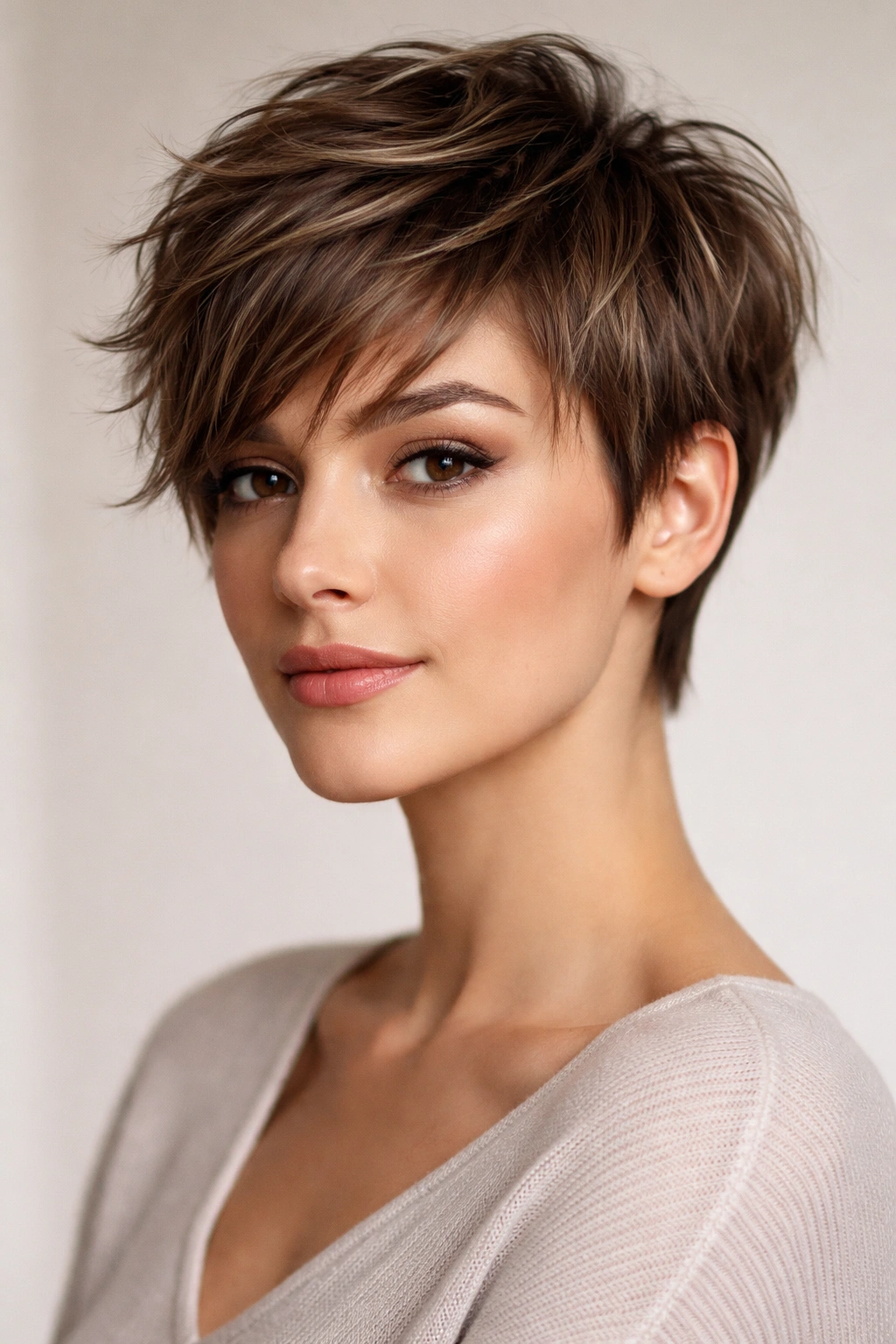 Close-up of a pixie cut with layered crown for added volume and texture