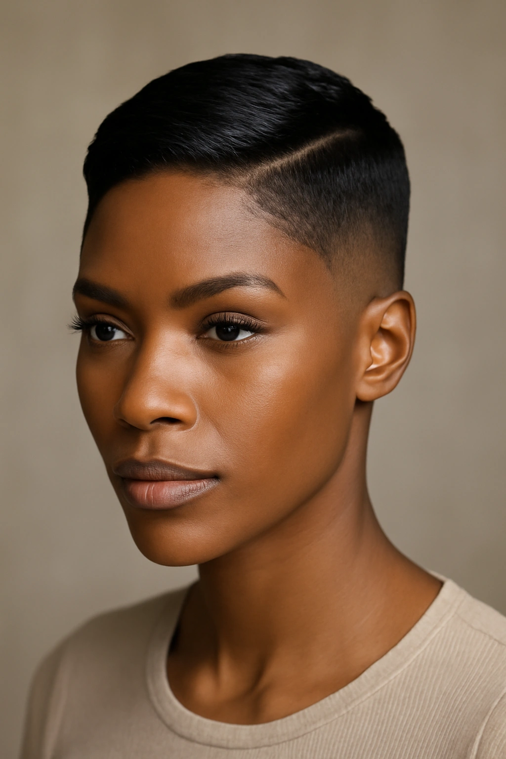 Close-up of a Black woman with chic tapered pixie cut and middle part in a studio