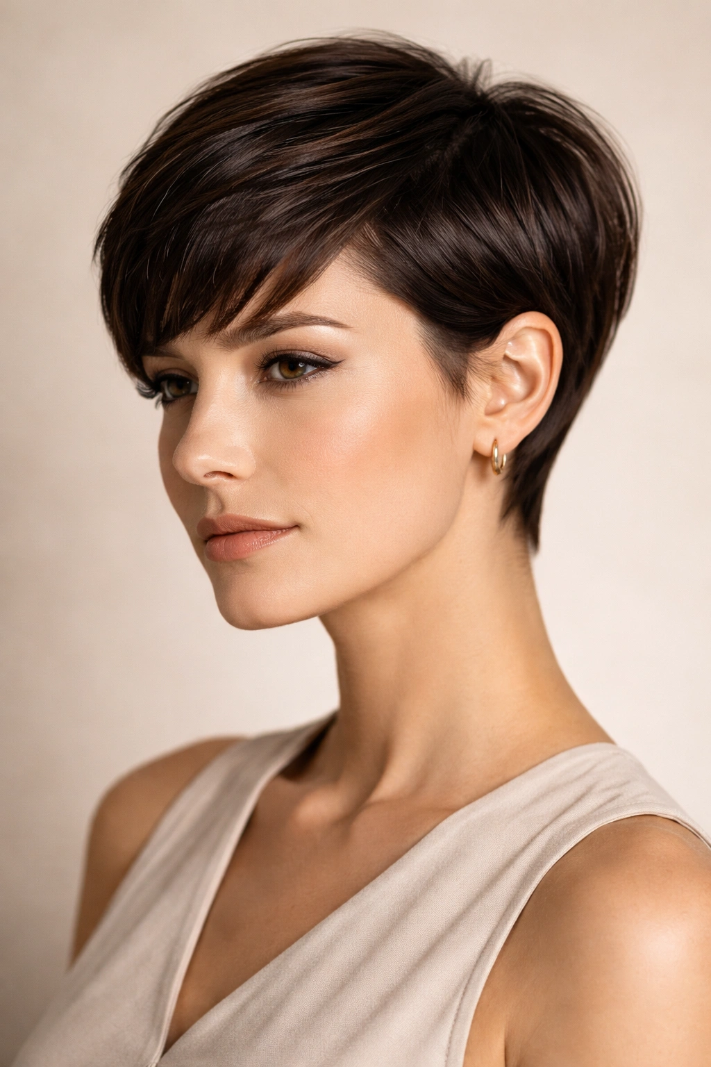 Portrait of a person with a tight, polished pixie cut showing sharp edges