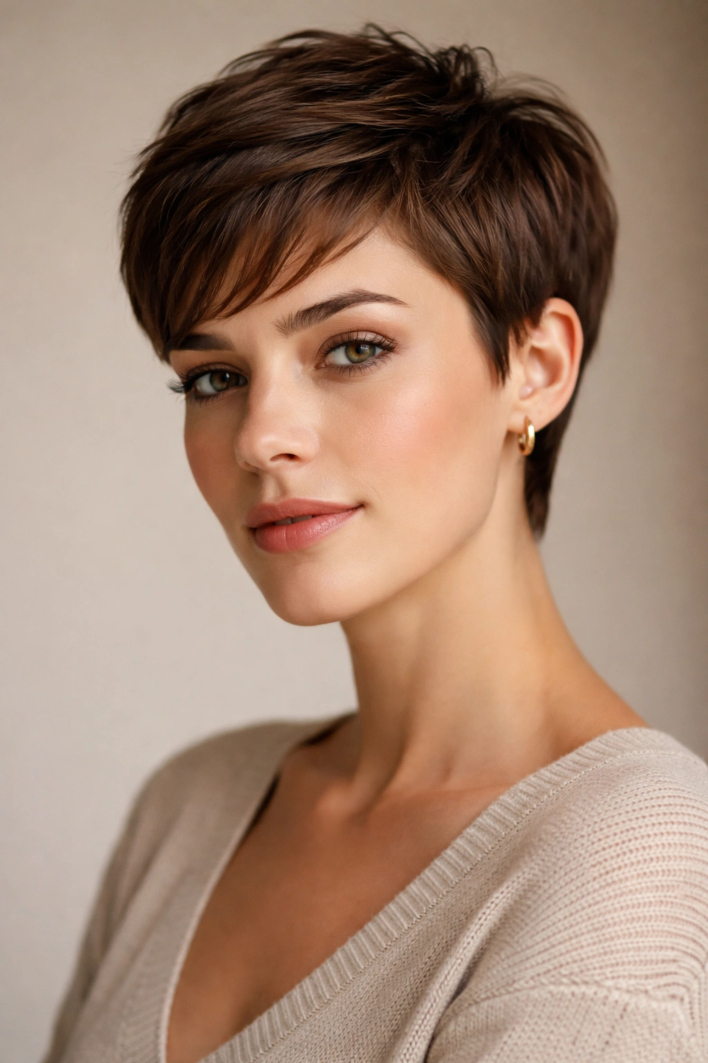Close-up of a classic pixie cut showing short sides and a longer top.