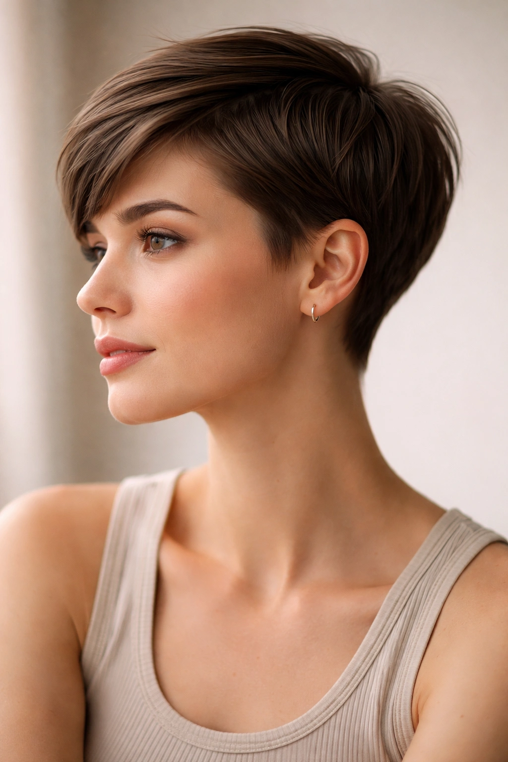 Portrait of a woman with a classic pixie cut, tapered sides and longer top, studio lighting
