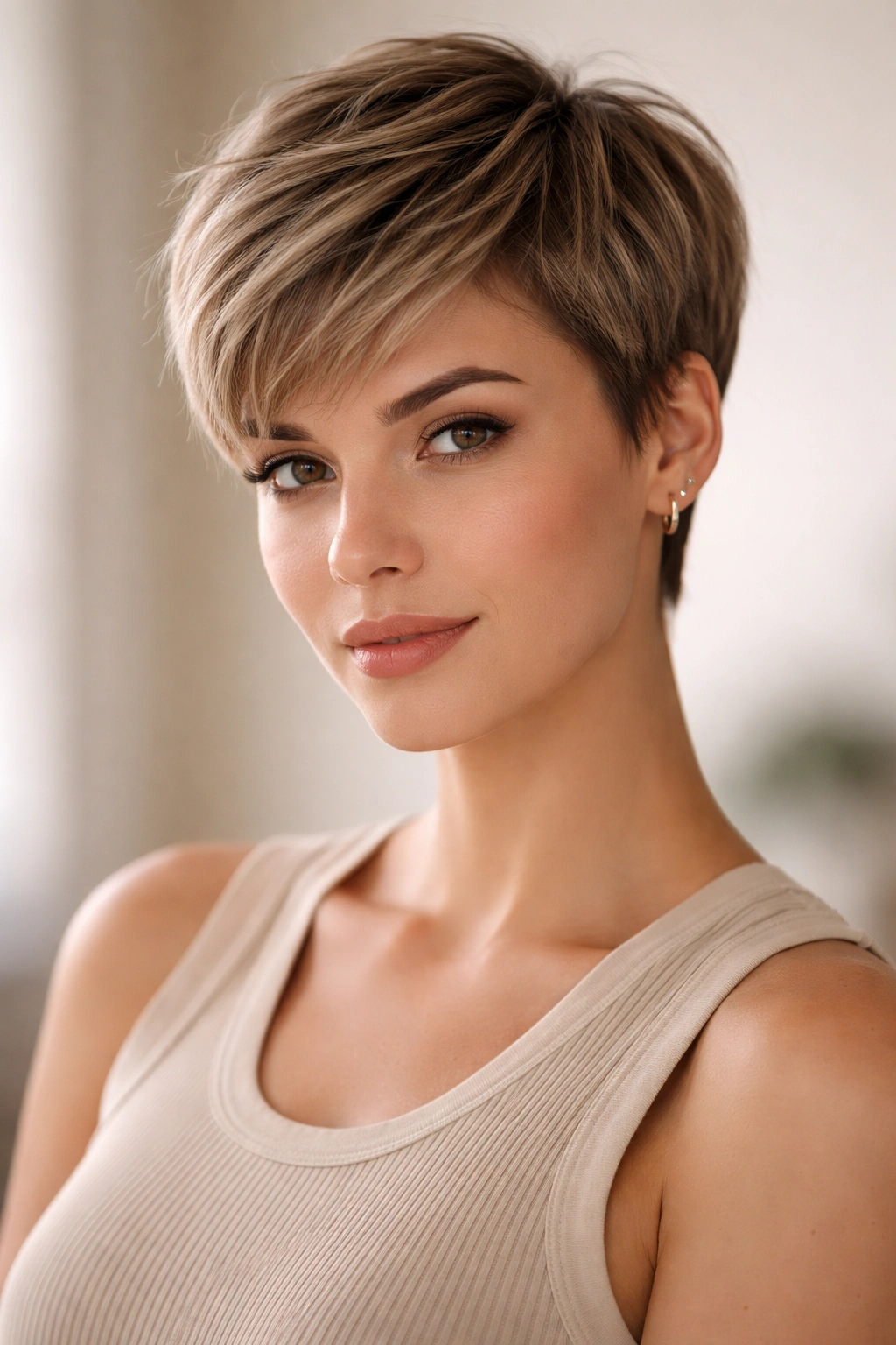 Close-up portrait of a person with a textured pixie cut in a neutral studio