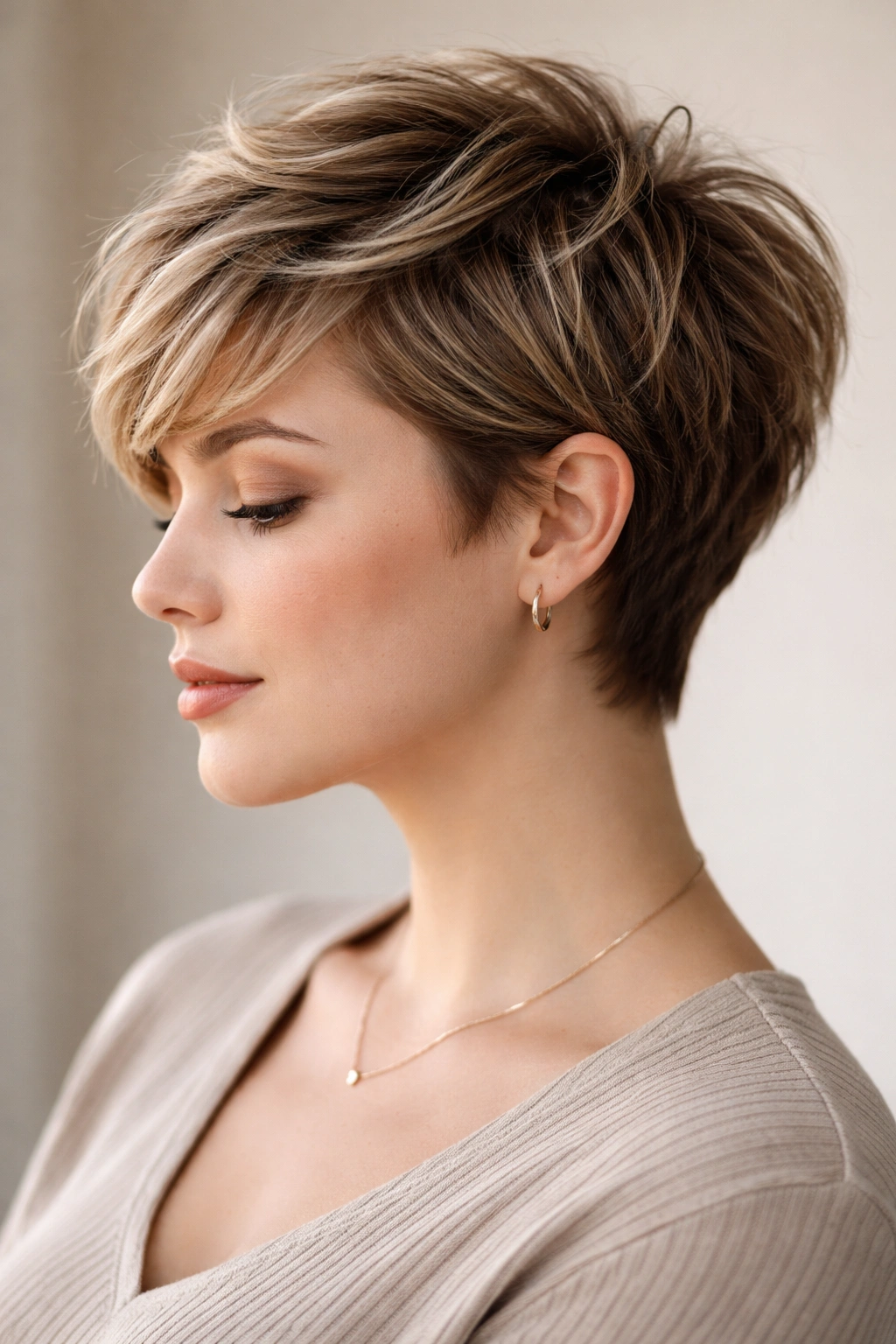 Close-up portrait of a person with a textured pixie cut showing layered short hair in a neutral studio
