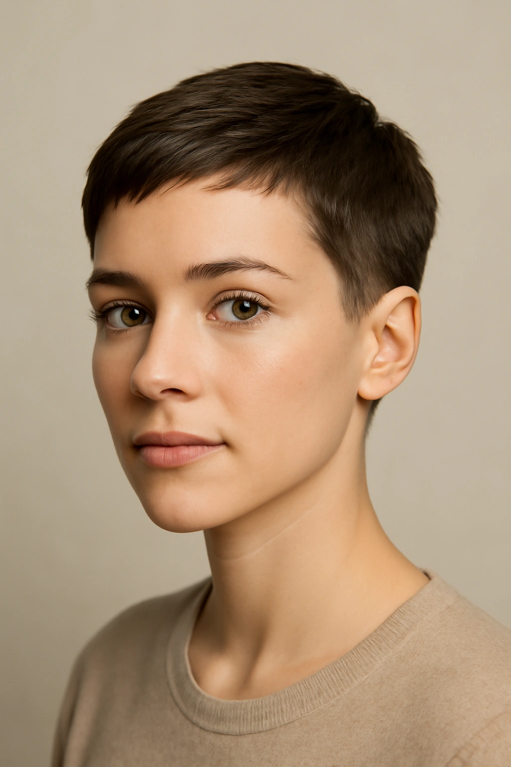 Close-up portrait of a classic pixie cut with cropped sides and longer top