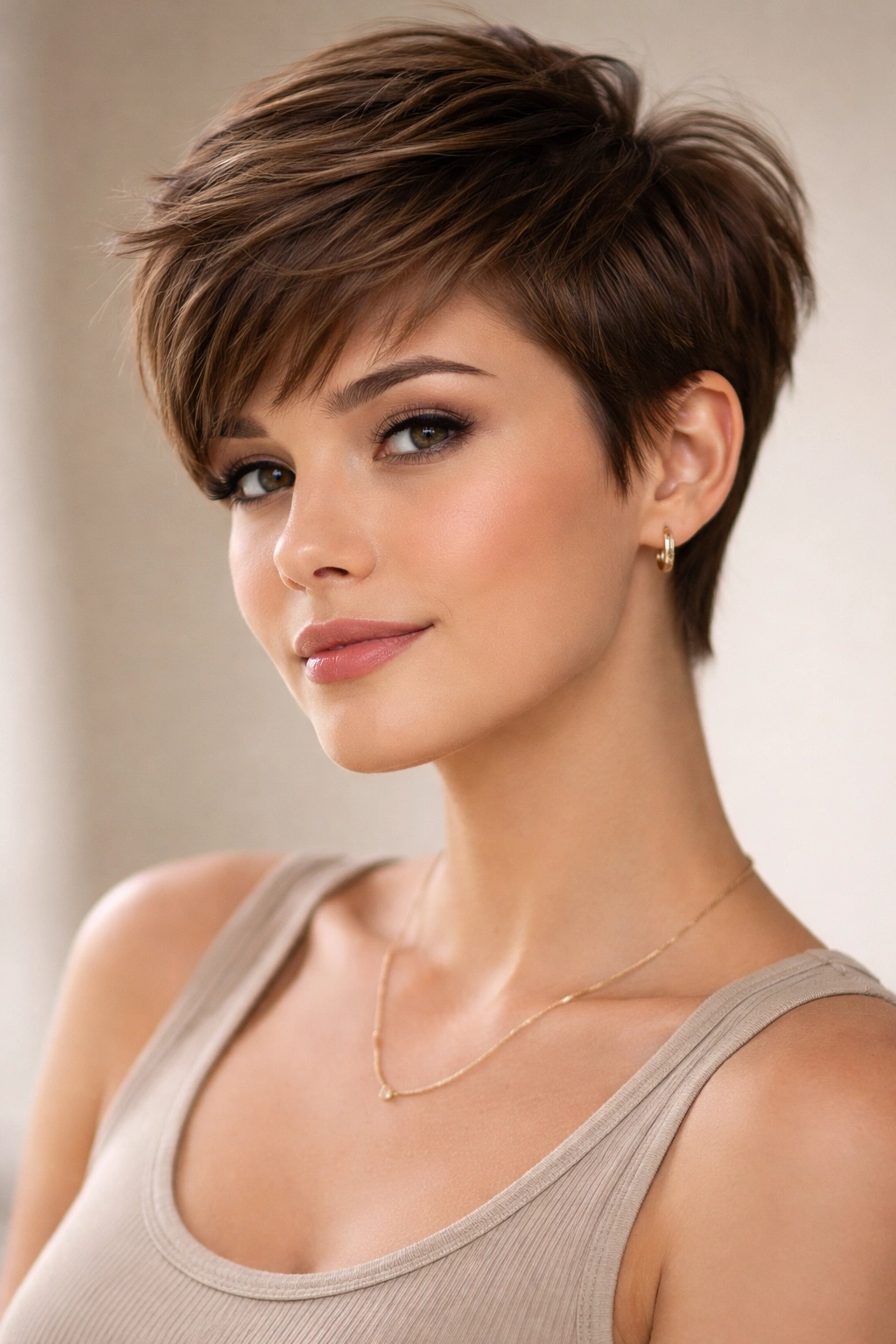 Pixie cut on round-face silhouette with defined cheekbones.