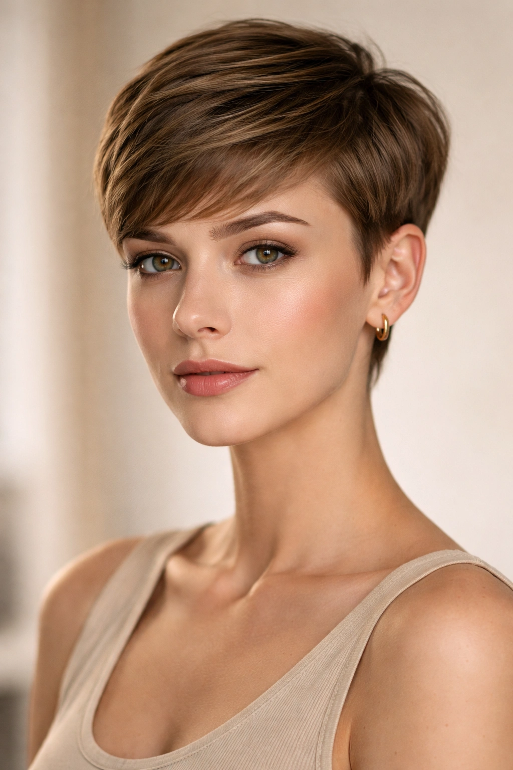 Portrait of a person with a classic pixie cut, short sides and longer top swept to the side.
