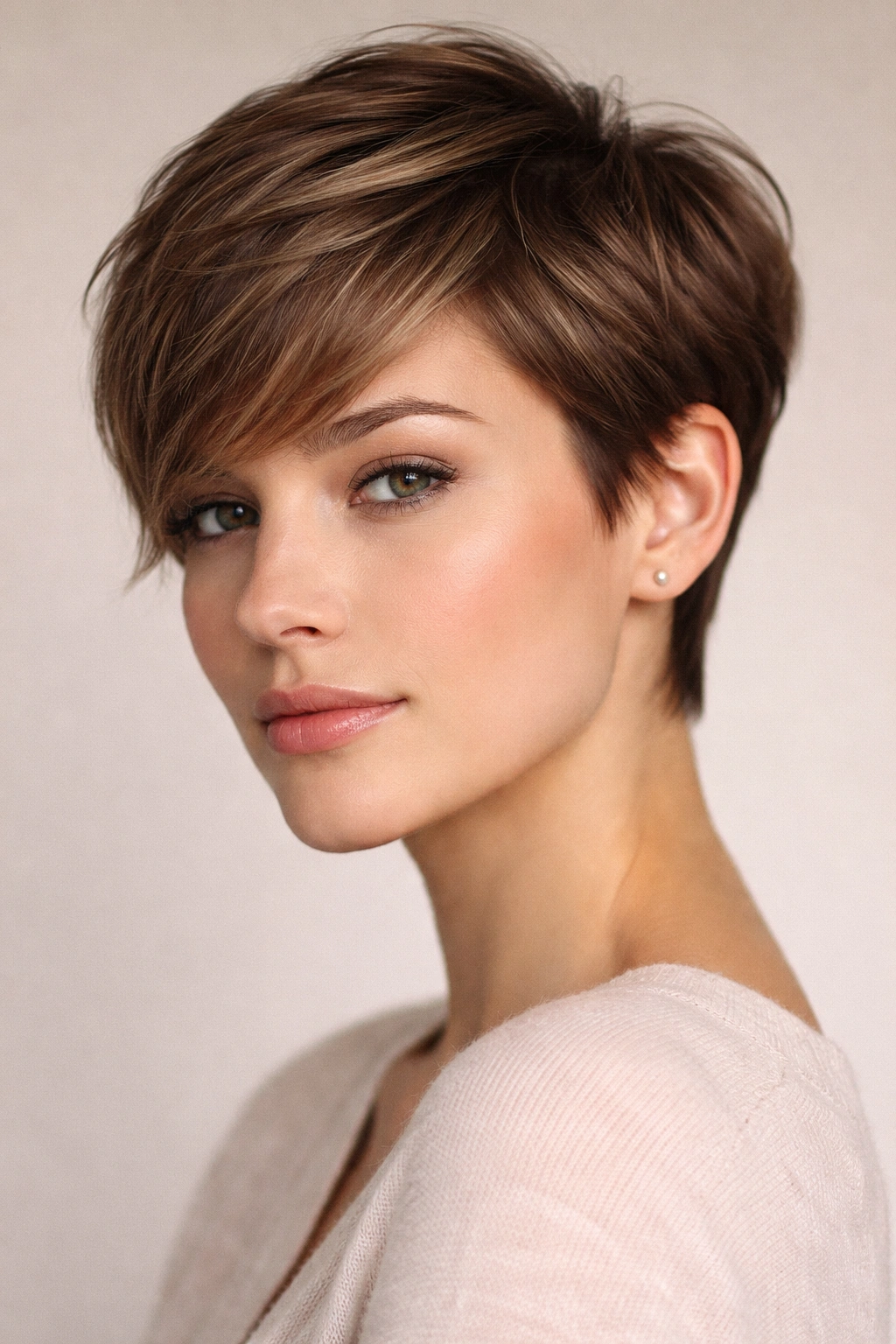 Close-up of a classic pixie cut with short sides and longer front fringe framing the face