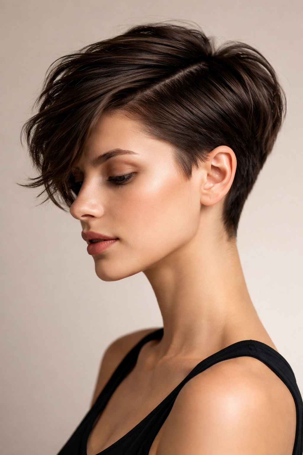 Pixie cut with a dramatic side part showing short sides and longer top