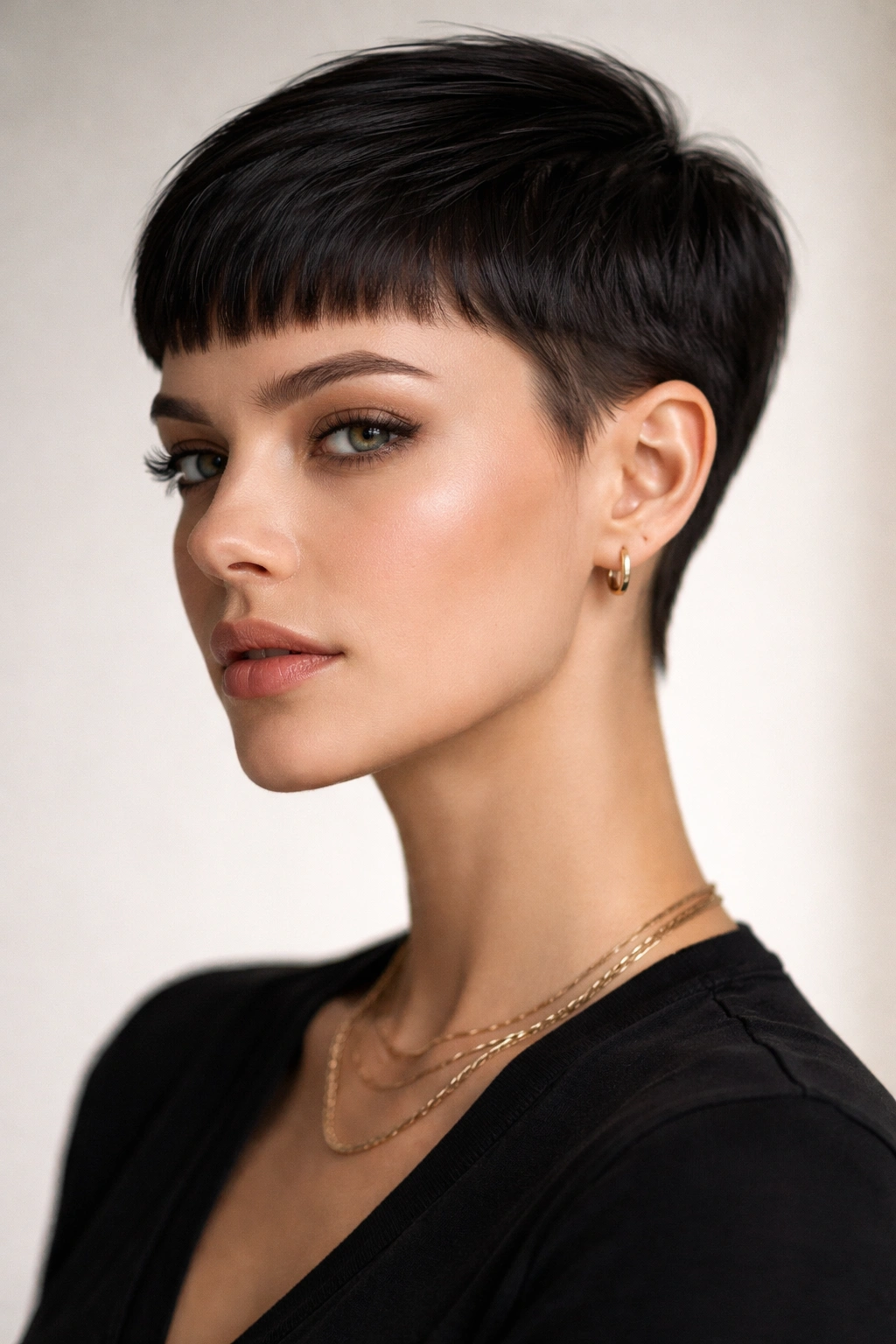 Close-up of sleek pixie with microbangs and glossy finish
