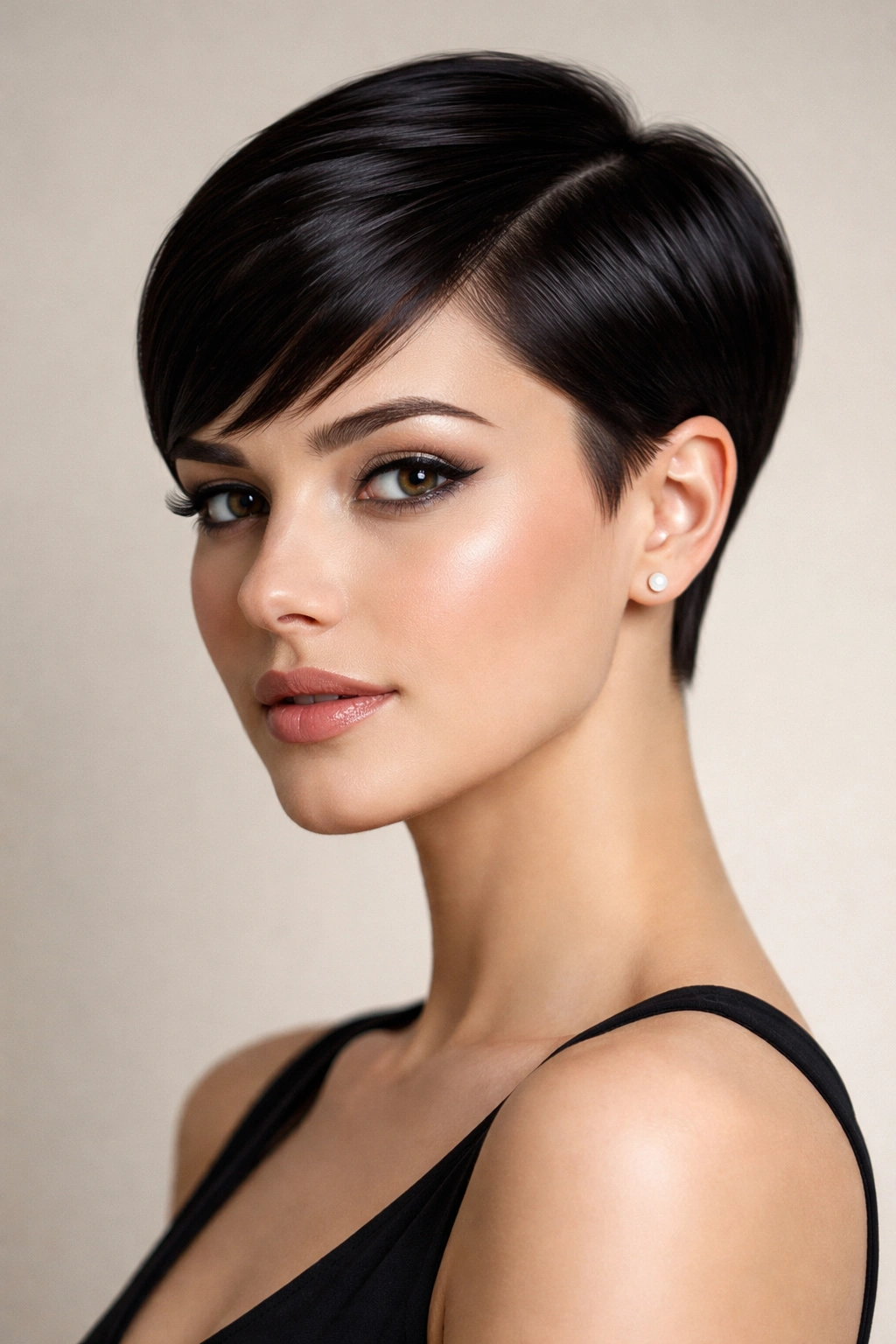 Close-up portrait of a person with a sleek, polished pixie cut showing smooth taper and high shine