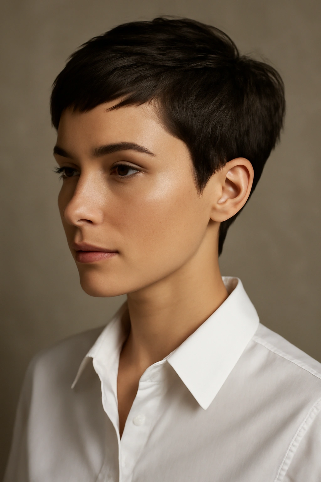 Chic pixie cut with bold shape and crown volume.