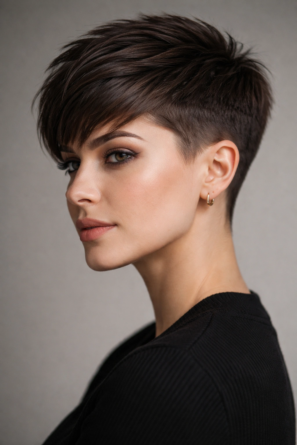 Close-up portrait of Pixie Cut with Tapered Sides showing a sharp, defined fade and textured top
