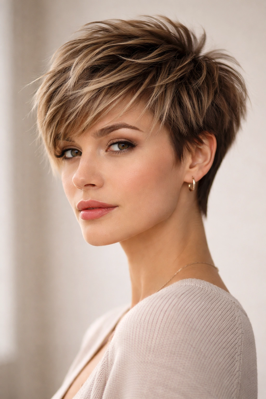 Close-up portrait of a pixie cut with deliberate choppy layers