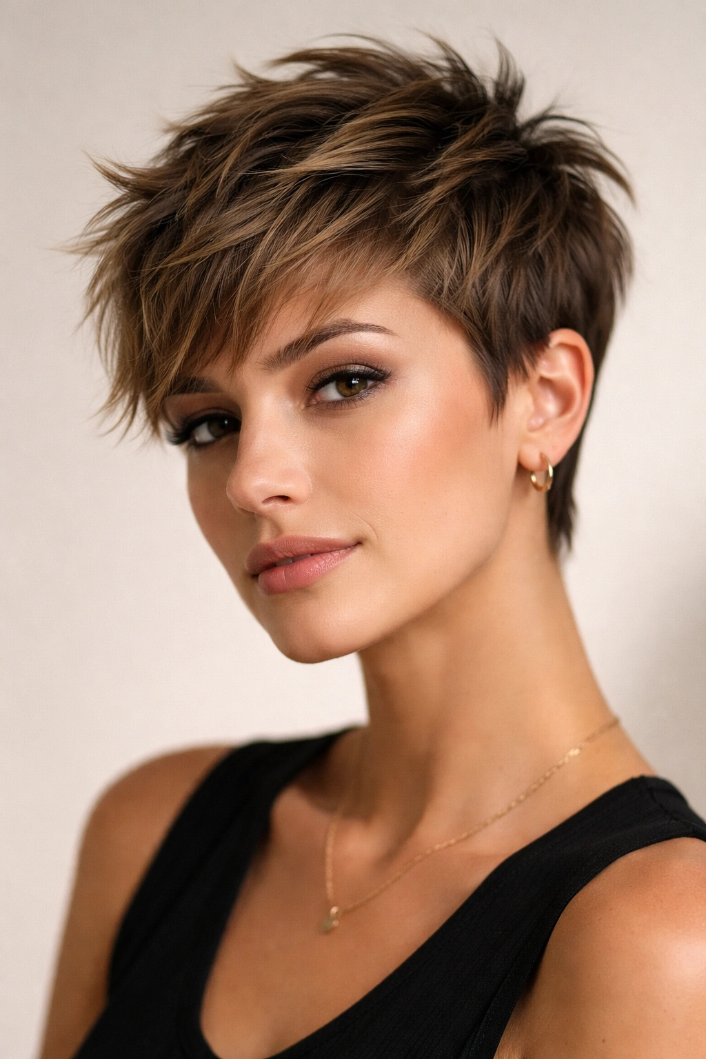 Close-up of a model's textured pixie cut with uneven choppy top layers and tapered sides.