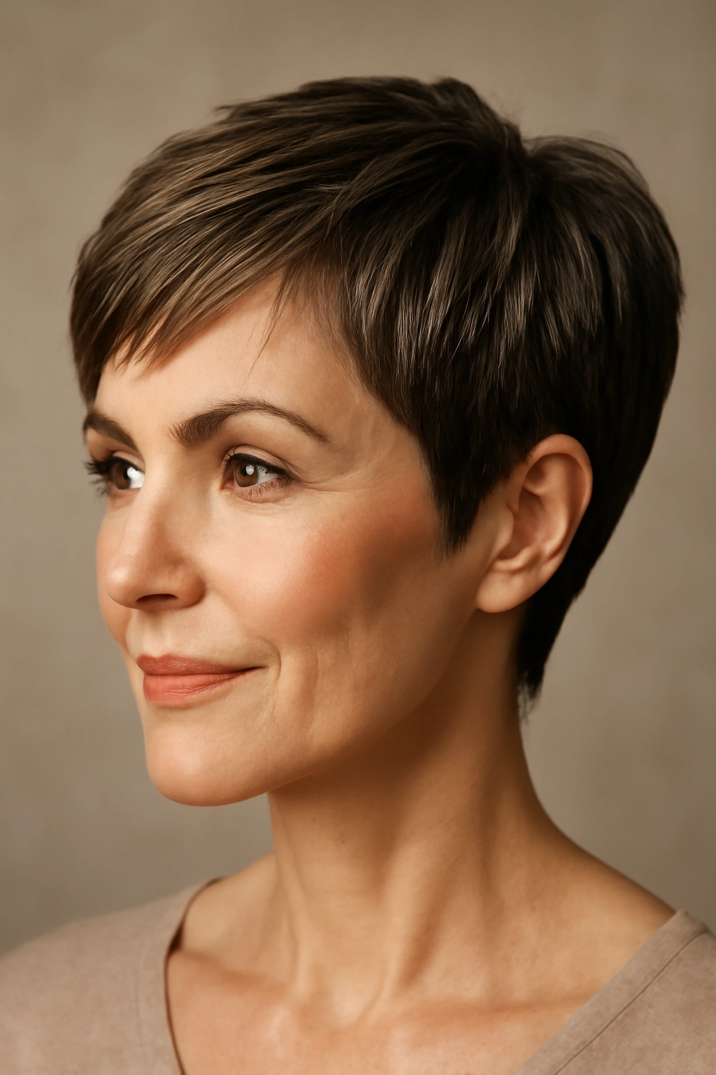 Close-up of Sleek Pixie with Dimensional Texture highlighting layered crown and tapered sides
