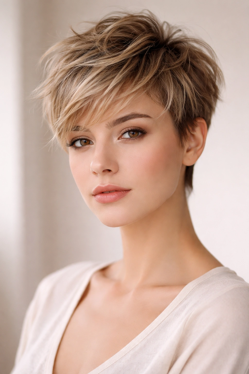 Close-up of a textured pixie cut with choppy layers and volume at the crown