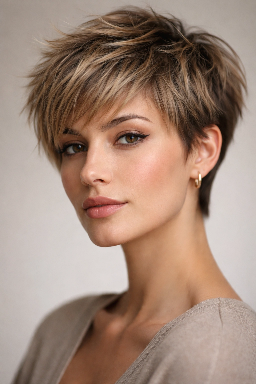 Close-up of a textured pixie cut with choppy crown layers and feathered edges