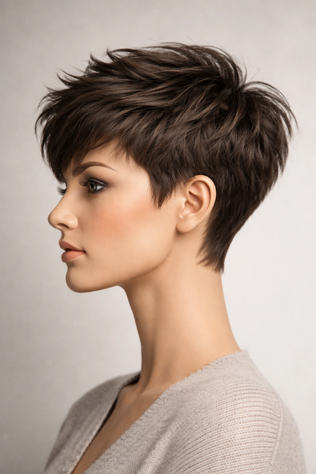 Close-up profile of a mannequin head with a textured pixie cut, showing longer crown and cropped sides for width.