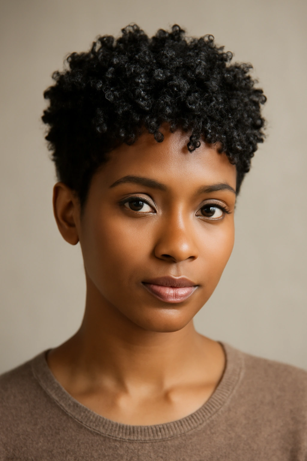 Portrait of a Black woman with a textured pixie cut.