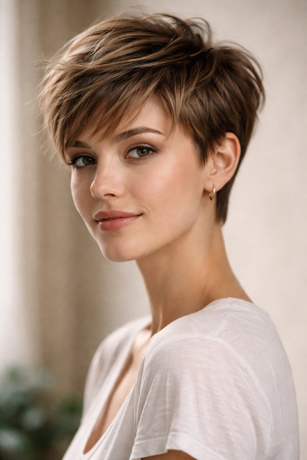 Close-up of a modern pixie cut showing textured short sides and longer top with soft studio lighting