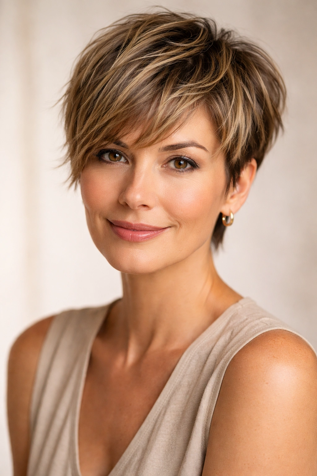 Close-up of a woman with a textured pixie cut and longer bangs