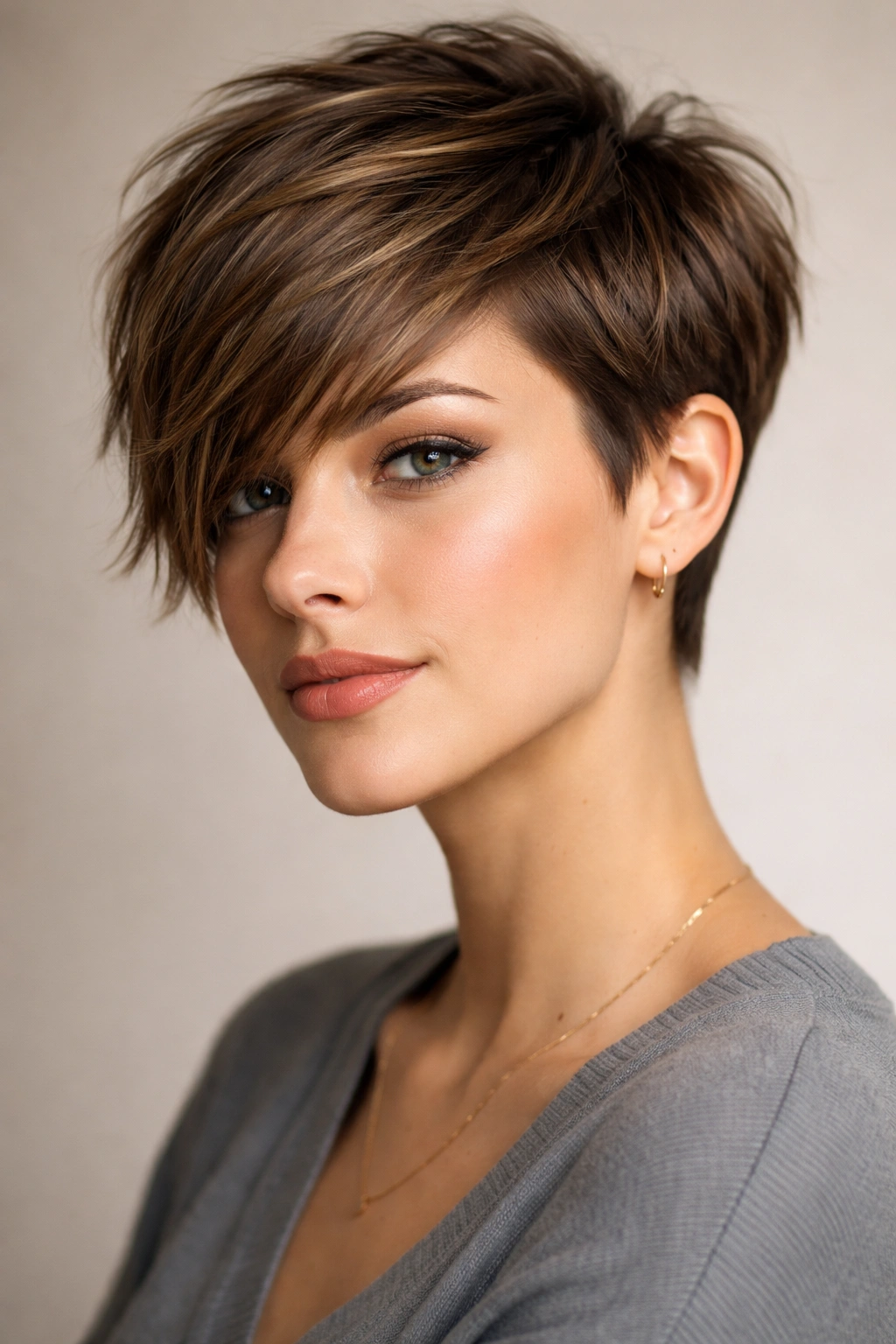Close-up portrait of a classic textured pixie with side-swept bangs showing crown texture and tapered sides