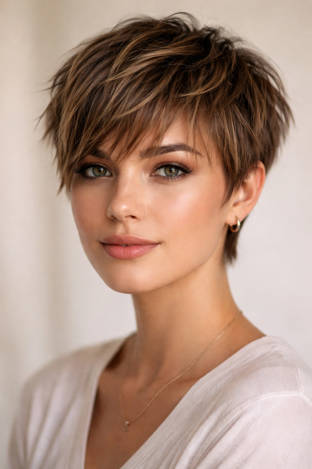Close-up of a textured pixie with longer bangs and choppy layers, soft lighting.